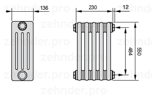 Схема (чертеж) Радиатор Zehnder Charleston 4055/5 №7610 Белый глянцевый RAL 9016